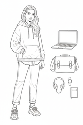 Black-and-white coloring page of a teen girl in a hoodie, collared shirt, straight-leg jeans, and sneakers with a laptop, messenger bag, headphones, smartwatch, hair clips, and notebook.