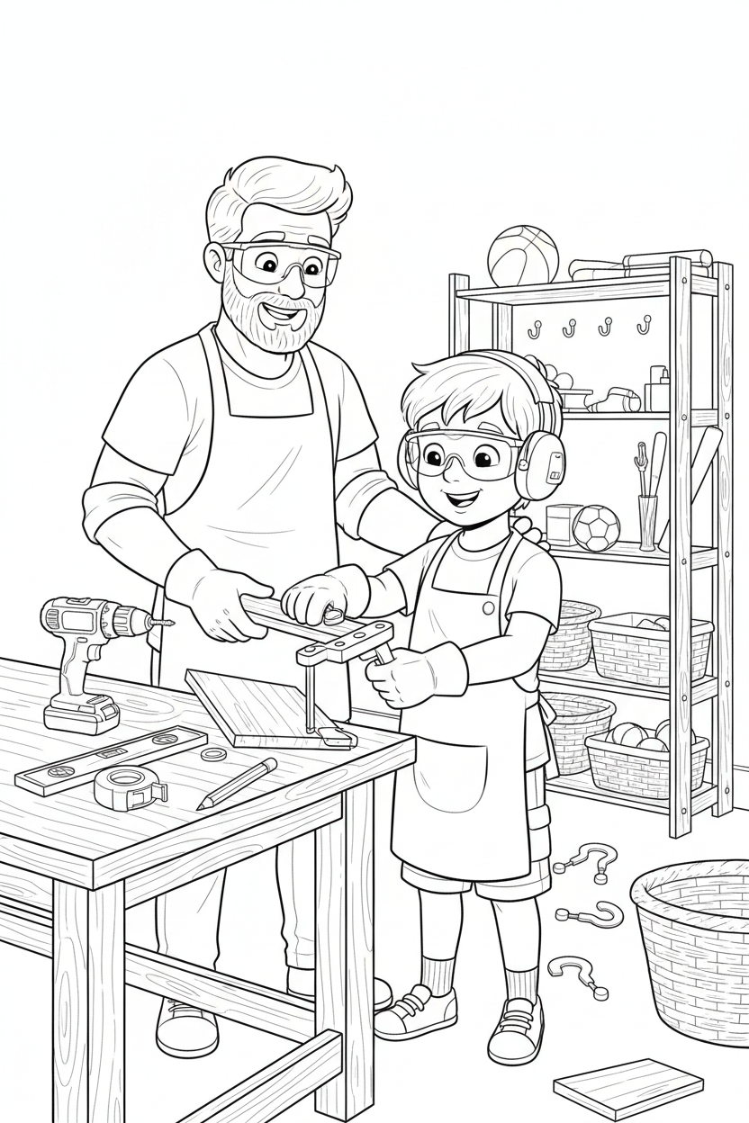 Black-and-white coloring page of a boy in safety gear with an adult supervisor building a wooden garage organizer for balls and sports gear with a stored drill, clamps, level, measuring tape, hooks, baskets, and finished organizer.