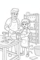 Black-and-white coloring page of a boy in safety gear with an adult supervisor building a wooden garage organizer for balls and sports gear with a stored drill, clamps, level, measuring tape, hooks, baskets, and finished organizer.