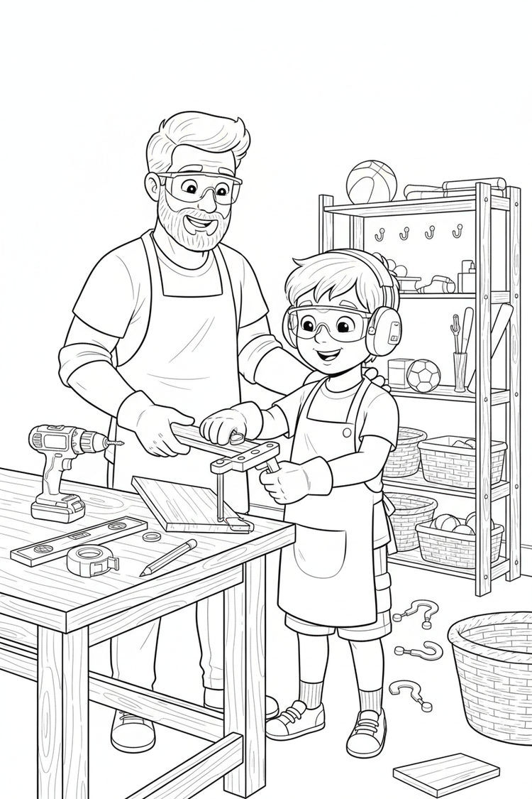 Black-and-white coloring page of a boy in safety gear with an adult supervisor building a wooden garage organizer for balls and sports gear with a stored drill, clamps, level, measuring tape, hooks, baskets, and finished organizer.