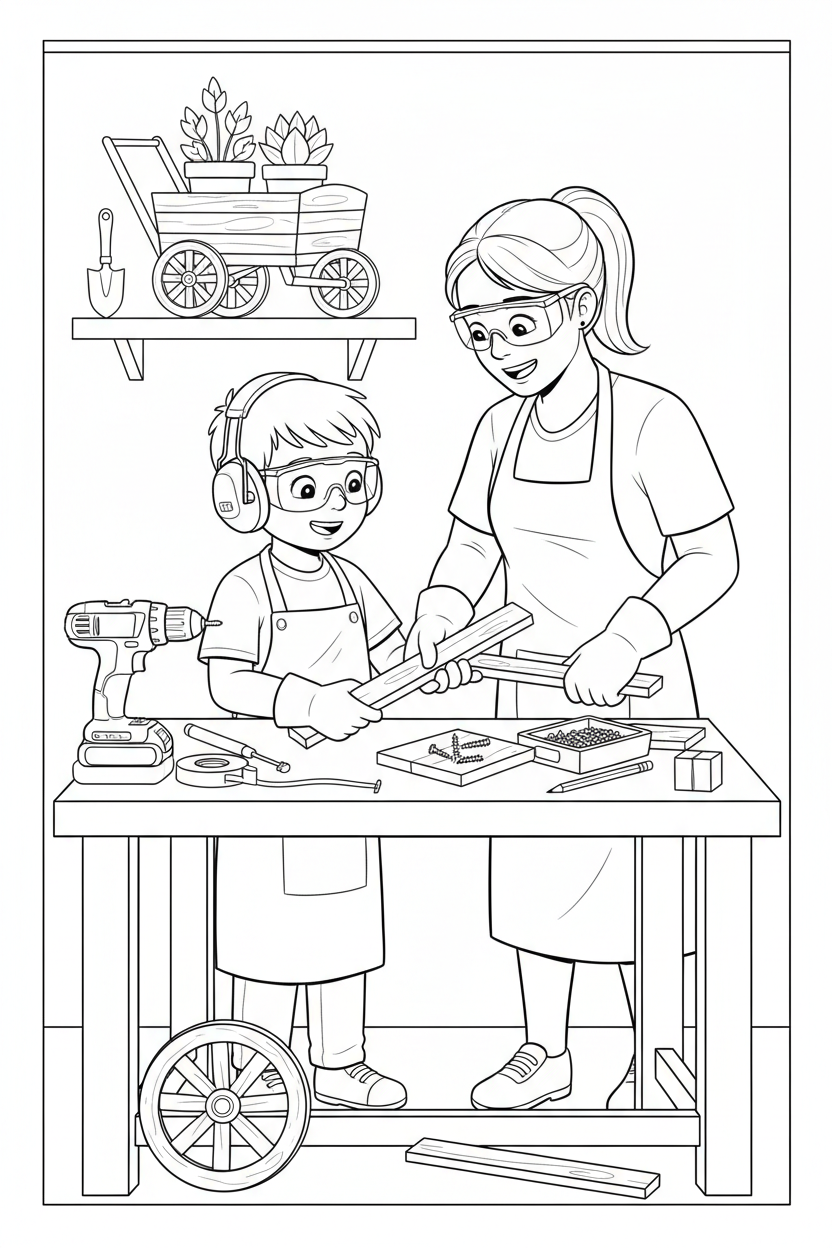 Black-and-white coloring page of a boy in safety gear with an adult supervisor building a wooden garden cart with a stored cordless drill, clamps, level, measuring tape, wheels, handles, and plants.