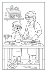 Black-and-white coloring page of a boy in safety gear with an adult supervisor building a wooden garden cart with a stored cordless drill, clamps, level, measuring tape, wheels, handles, and plants.
