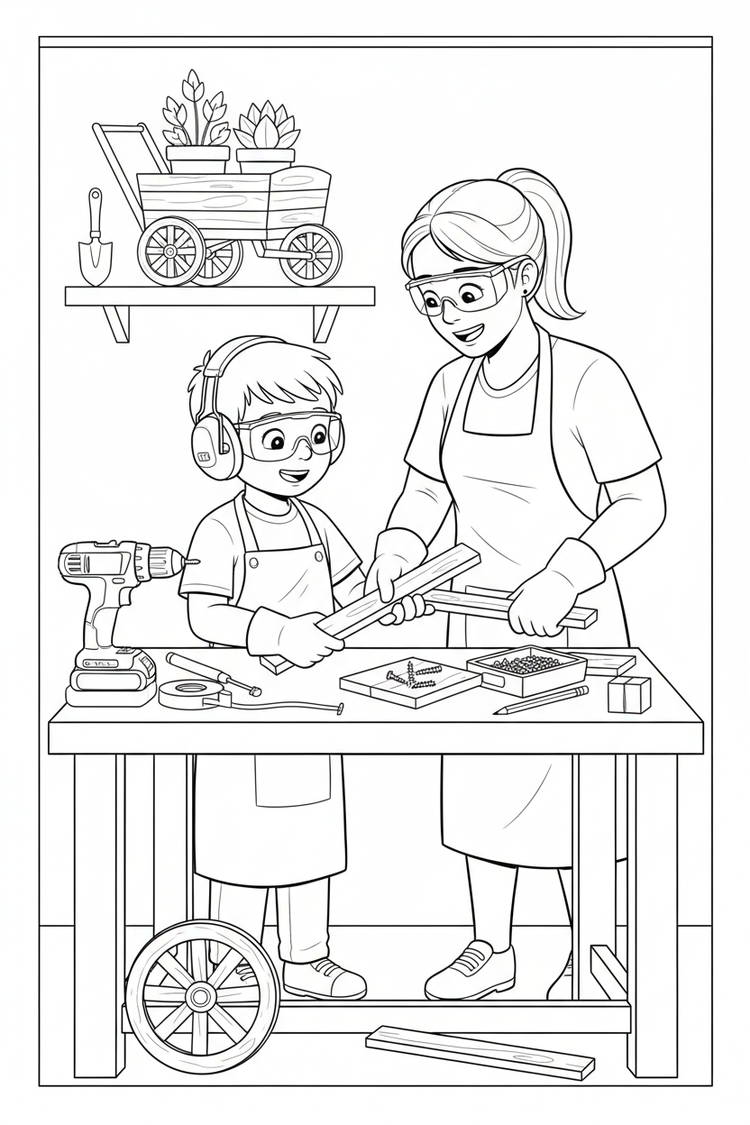 Black-and-white coloring page of a boy in safety gear with an adult supervisor building a wooden garden cart with a stored cordless drill, clamps, level, measuring tape, wheels, handles, and plants.