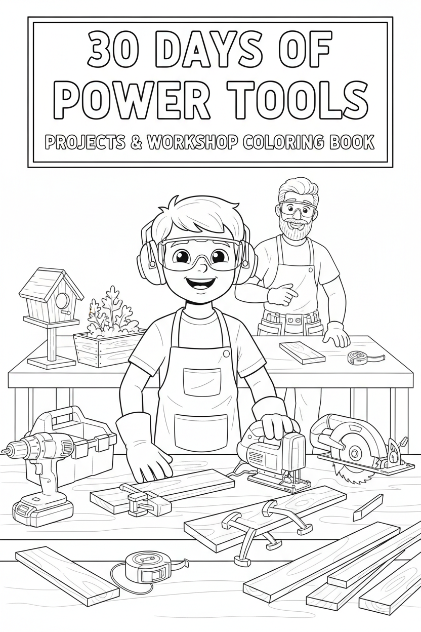Black-and-white colorable cover for a kids power-tools coloring book, showing a boy in safety gear with an adult supervisor in a tidy workshop, stored power tools, wood pieces, and project examples including a birdhouse, planter box, toolbox organizer, and small ramp.