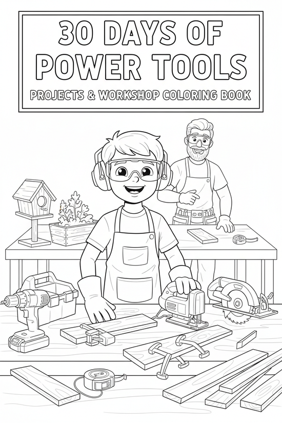 Black-and-white colorable cover for a kids power-tools coloring book, showing a boy in safety gear with an adult supervisor in a tidy workshop, stored power tools, wood pieces, and project examples including a birdhouse, planter box, toolbox organizer, and small ramp.