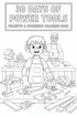 Black-and-white colorable cover for a kids power-tools coloring book, showing a boy in safety gear with an adult supervisor in a tidy workshop, stored power tools, wood pieces, and project examples including a birdhouse, planter box, toolbox organizer, and small ramp.