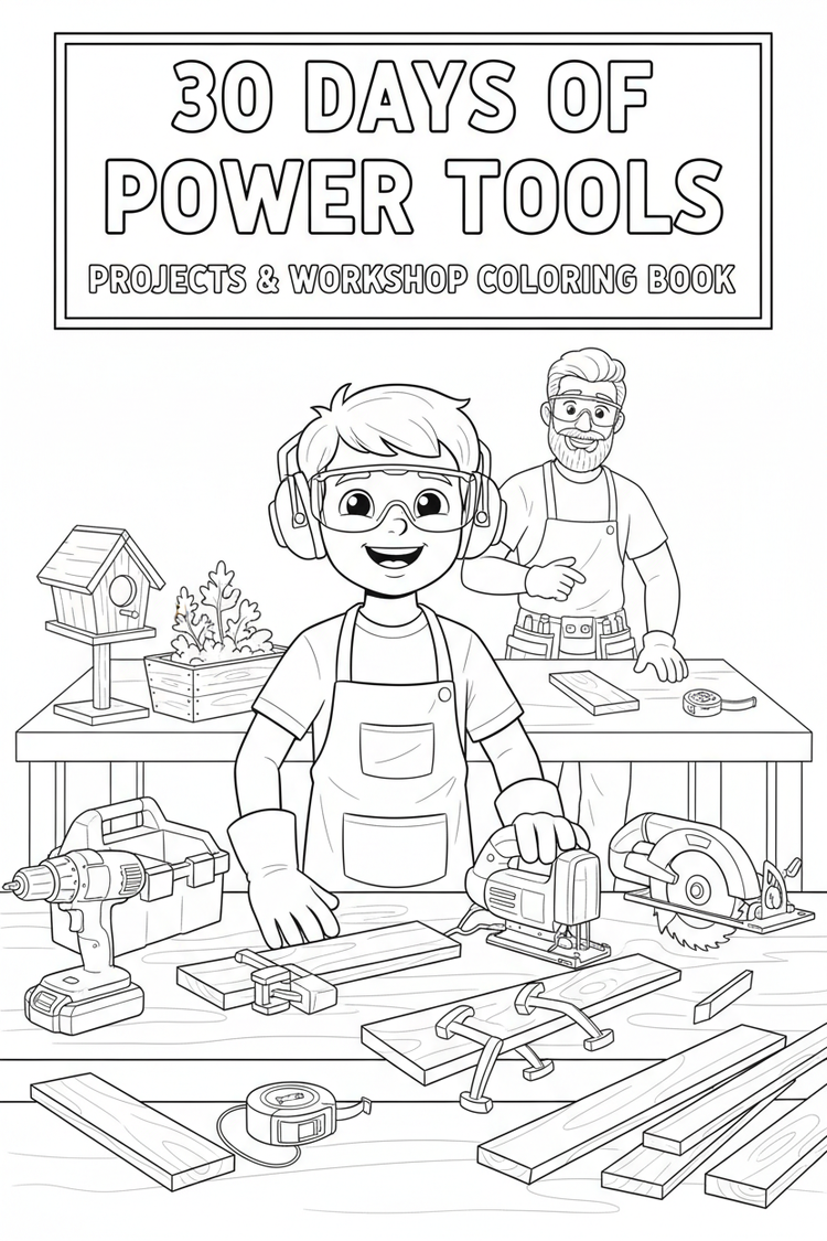 Black-and-white colorable cover for a kids power-tools coloring book, showing a boy in safety gear with an adult supervisor in a tidy workshop, stored power tools, wood pieces, and project examples including a birdhouse, planter box, toolbox organizer, and small ramp.
