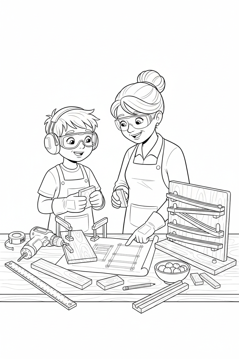 Black-and-white coloring page of a boy in safety gear with an adult supervisor creating a wooden marble-run board with a stored cordless drill, clamps, ruler, measuring tape, wooden tracks, bowl of marbles, and finished board.