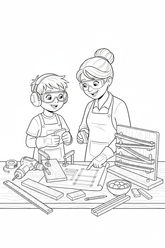 Black-and-white coloring page of a boy in safety gear with an adult supervisor creating a wooden marble-run board with a stored cordless drill, clamps, ruler, measuring tape, wooden tracks, bowl of marbles, and finished board.