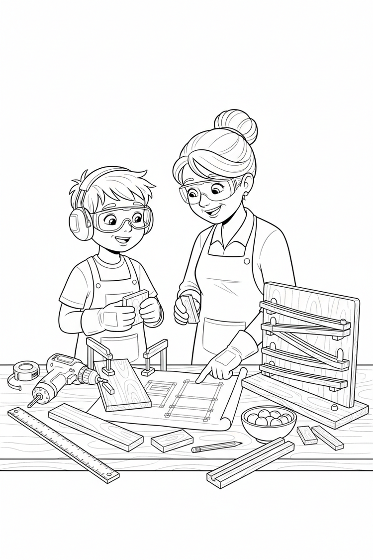 Black-and-white coloring page of a boy in safety gear with an adult supervisor creating a wooden marble-run board with a stored cordless drill, clamps, ruler, measuring tape, wooden tracks, bowl of marbles, and finished board.