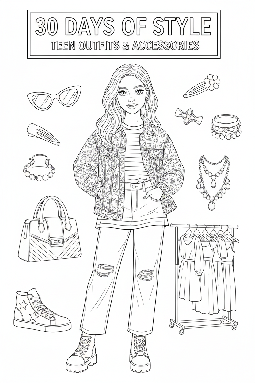 Black-and-white colorable cover page for 30 Days of Style: Teen Outfit & Accessories Coloring Book, featuring a teen girl in a stylish outfit surrounded by handbags, sneakers, sunglasses, hair clips, jewelry, and a clothing rack.