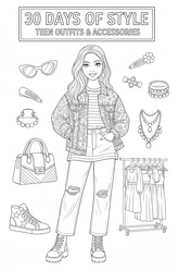 Black-and-white colorable cover page for 30 Days of Style: Teen Outfit & Accessories Coloring Book, featuring a teen girl in a stylish outfit surrounded by handbags, sneakers, sunglasses, hair clips, jewelry, and a clothing rack.