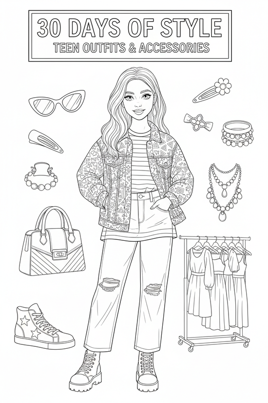 Black-and-white colorable cover page for 30 Days of Style: Teen Outfit & Accessories Coloring Book, featuring a teen girl in a stylish outfit surrounded by handbags, sneakers, sunglasses, hair clips, jewelry, and a clothing rack.