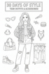 Black-and-white colorable cover page for 30 Days of Style: Teen Outfit & Accessories Coloring Book, featuring a teen girl in a stylish outfit surrounded by handbags, sneakers, sunglasses, hair clips, jewelry, and a clothing rack.