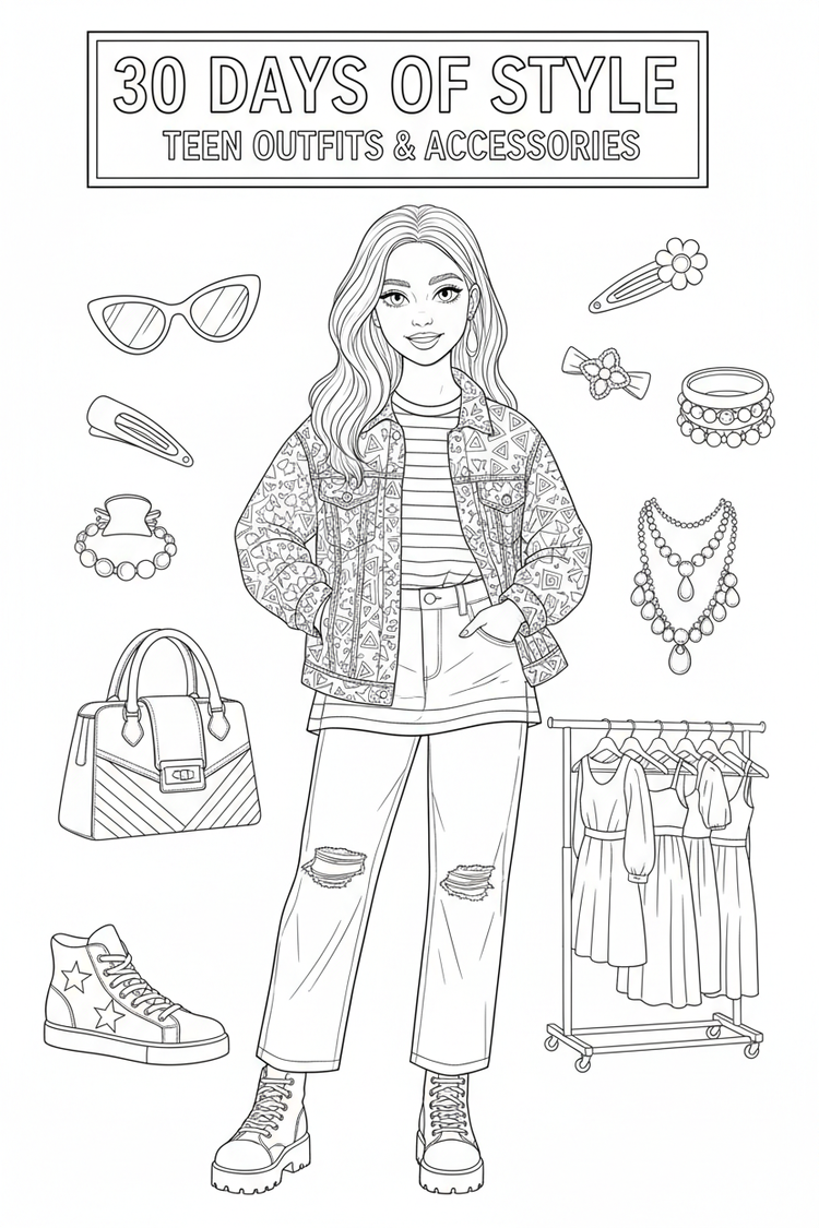 Black-and-white colorable cover page for 30 Days of Style: Teen Outfit & Accessories Coloring Book, featuring a teen girl in a stylish outfit surrounded by handbags, sneakers, sunglasses, hair clips, jewelry, and a clothing rack.