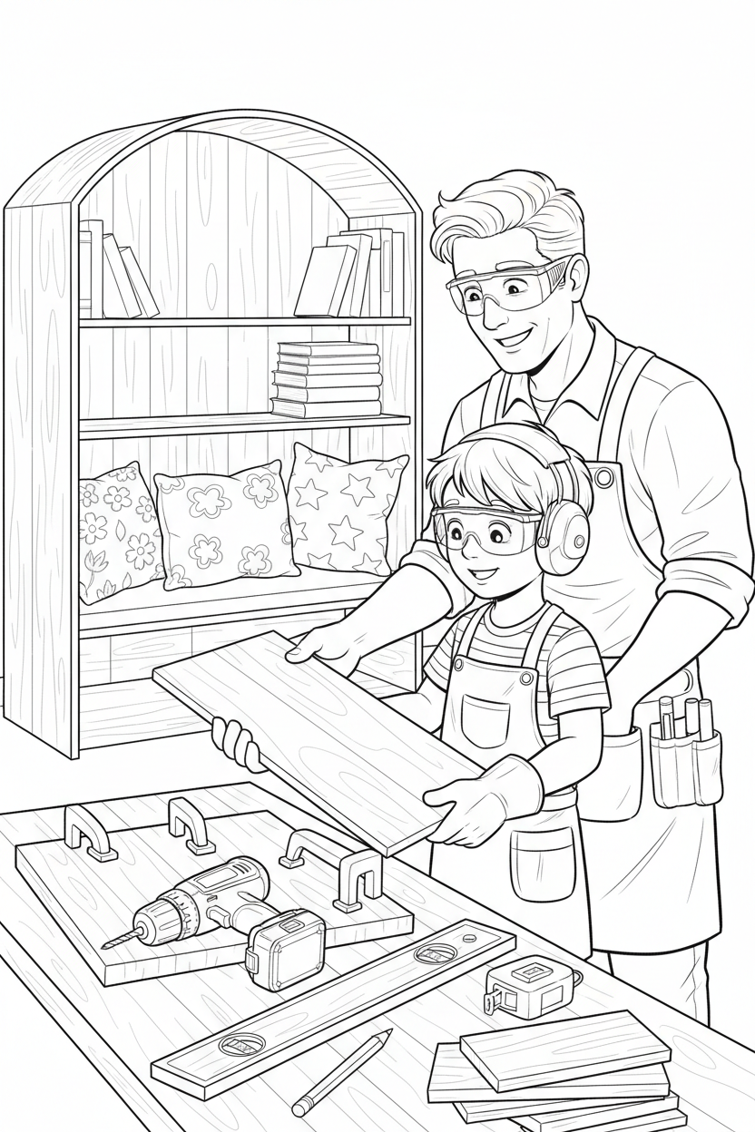 Black-and-white coloring page of a boy in safety gear with an adult supervisor building a wooden book nook with a stored drill, clamps, level, measuring tape, shelf pieces, cushions, and books without readable text.