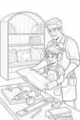 Black-and-white coloring page of a boy in safety gear with an adult supervisor building a wooden book nook with a stored drill, clamps, level, measuring tape, shelf pieces, cushions, and books without readable text.