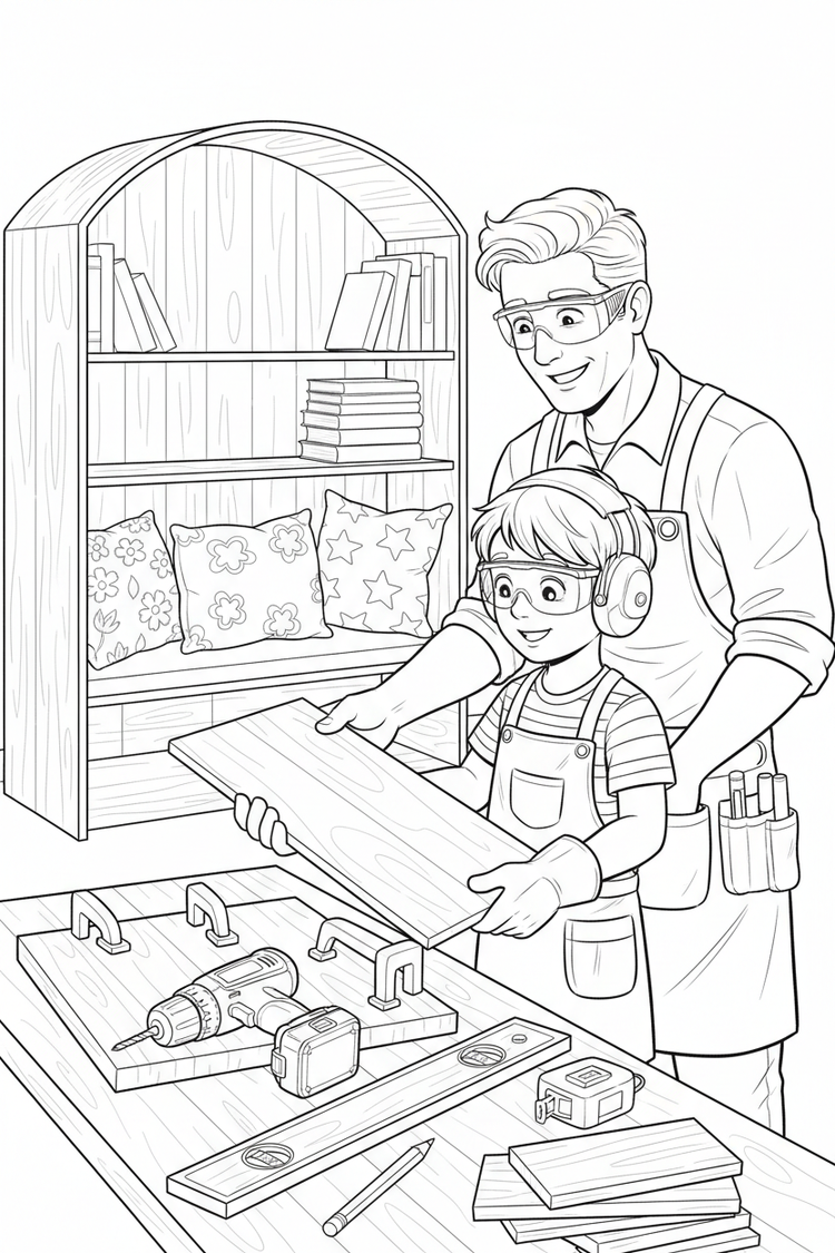 Black-and-white coloring page of a boy in safety gear with an adult supervisor building a wooden book nook with a stored drill, clamps, level, measuring tape, shelf pieces, cushions, and books without readable text.