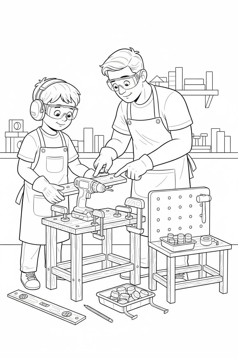 Black-and-white coloring page of a boy in safety gear with an adult supervisor assembling a small wooden workbench, with a stored cordless drill, clamps, level, ruler, pre-cut pieces, and finished child-sized workbench.