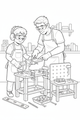 Black-and-white coloring page of a boy in safety gear with an adult supervisor assembling a small wooden workbench, with a stored cordless drill, clamps, level, ruler, pre-cut pieces, and finished child-sized workbench.
