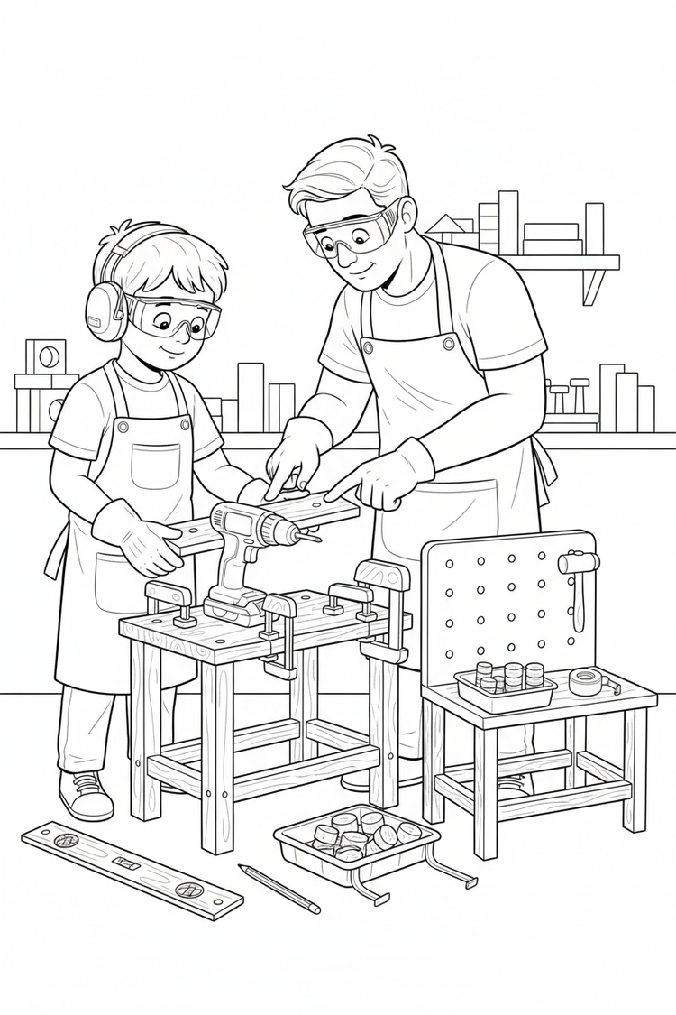 Black-and-white coloring page of a boy in safety gear with an adult supervisor assembling a small wooden workbench, with a stored cordless drill, clamps, level, ruler, pre-cut pieces, and finished child-sized workbench.