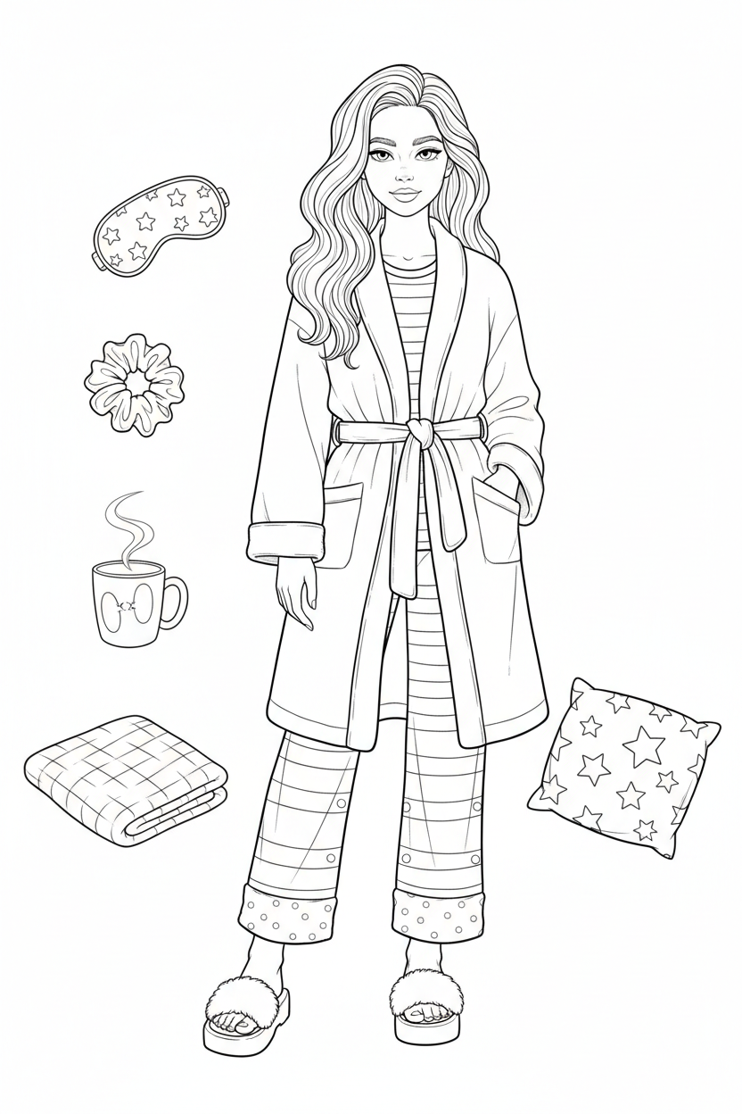 Black-and-white coloring page of a teen girl in a pajama set, fuzzy slippers, and robe with a sleep mask, scrunchie, mug, blanket, and star-pattern pillow.