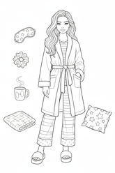 Black-and-white coloring page of a teen girl in a pajama set, fuzzy slippers, and robe with a sleep mask, scrunchie, mug, blanket, and star-pattern pillow.