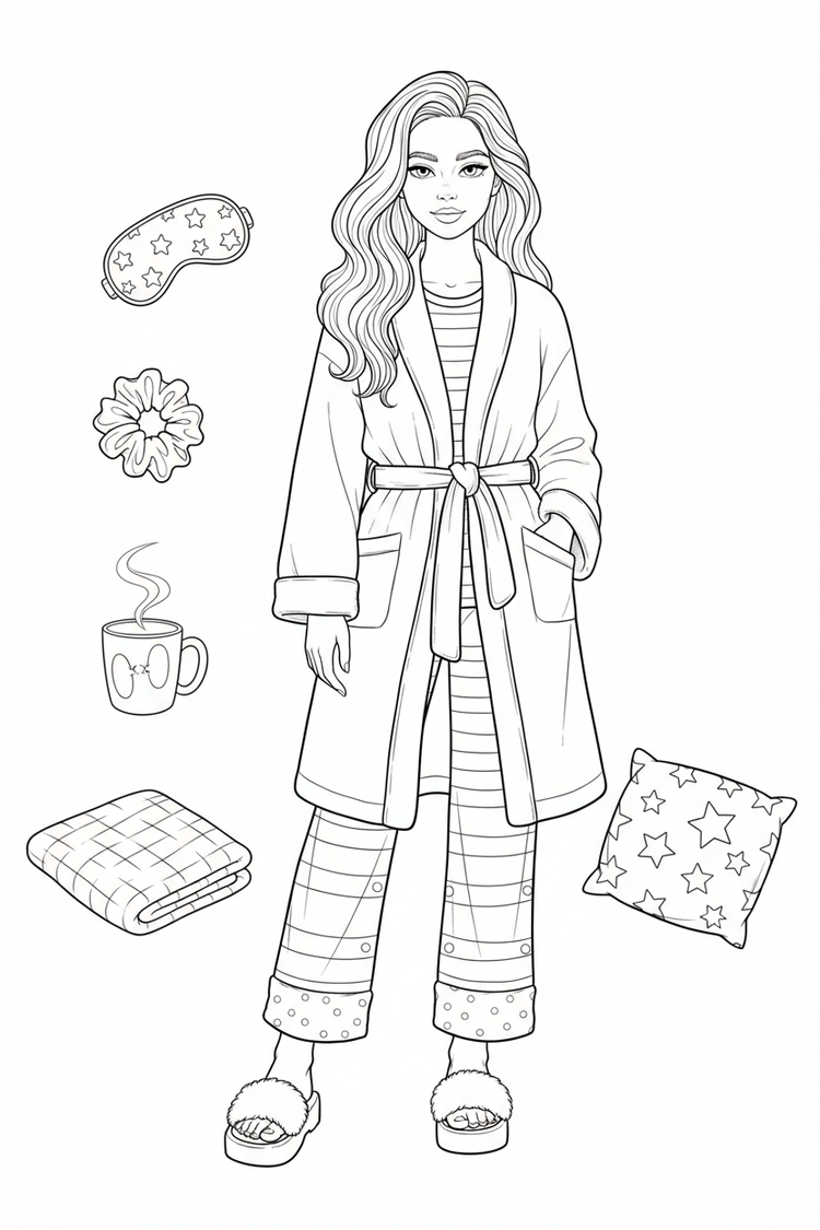 Black-and-white coloring page of a teen girl in a pajama set, fuzzy slippers, and robe with a sleep mask, scrunchie, mug, blanket, and star-pattern pillow.