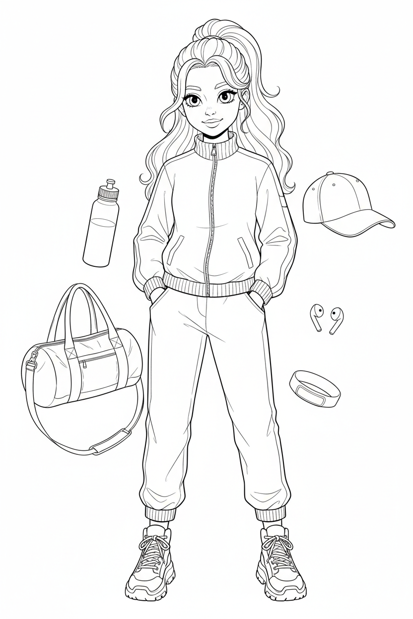 Black-and-white coloring page of a teen girl in a track jacket, joggers, and high-top sneakers with a gym bag, water bottle, cap, earbuds, and fitness wristband.