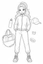 Black-and-white coloring page of a teen girl in a track jacket, joggers, and high-top sneakers with a gym bag, water bottle, cap, earbuds, and fitness wristband.