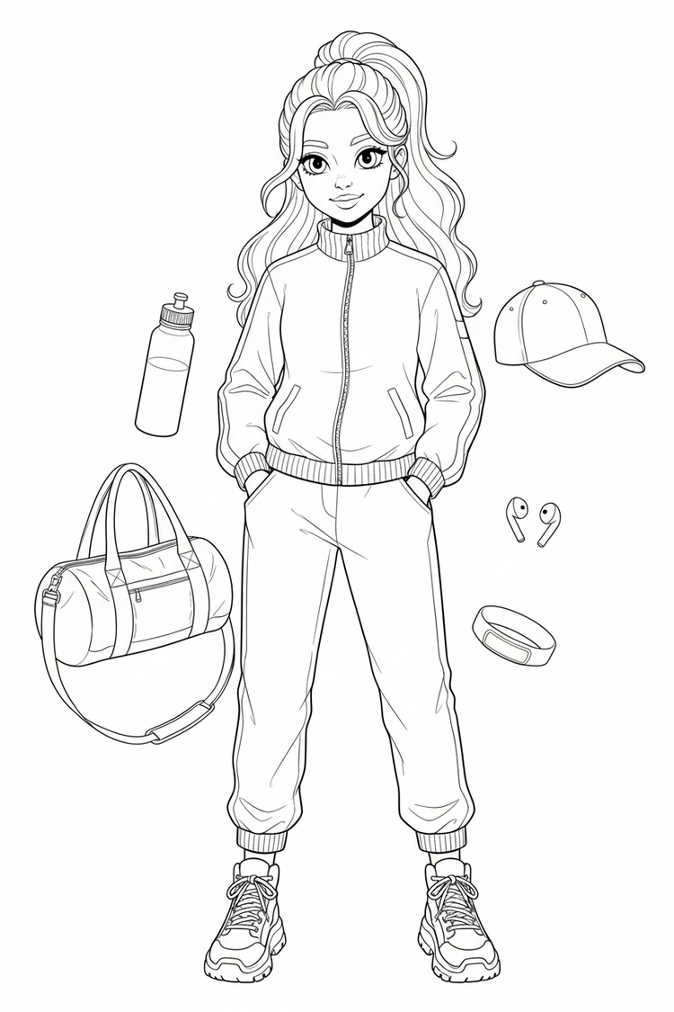 Black-and-white coloring page of a teen girl in a track jacket, joggers, and high-top sneakers with a gym bag, water bottle, cap, earbuds, and fitness wristband.