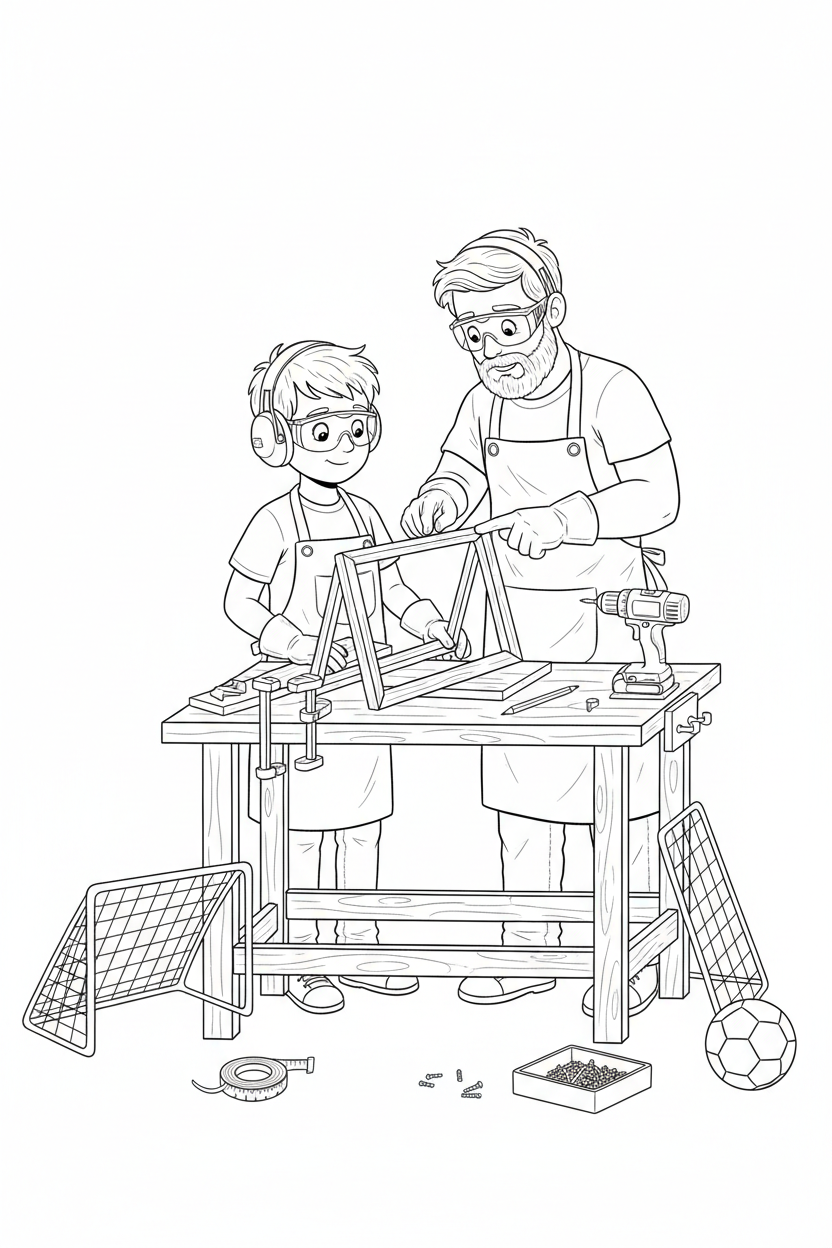 Black-and-white coloring page of a boy in safety gear with an adult supervisor assembling a small wooden backyard sports goal with a stored drill, clamps, measuring tape, net, brackets, screws, and ball.