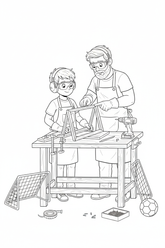 Black-and-white coloring page of a boy in safety gear with an adult supervisor assembling a small wooden backyard sports goal with a stored drill, clamps, measuring tape, net, brackets, screws, and ball.