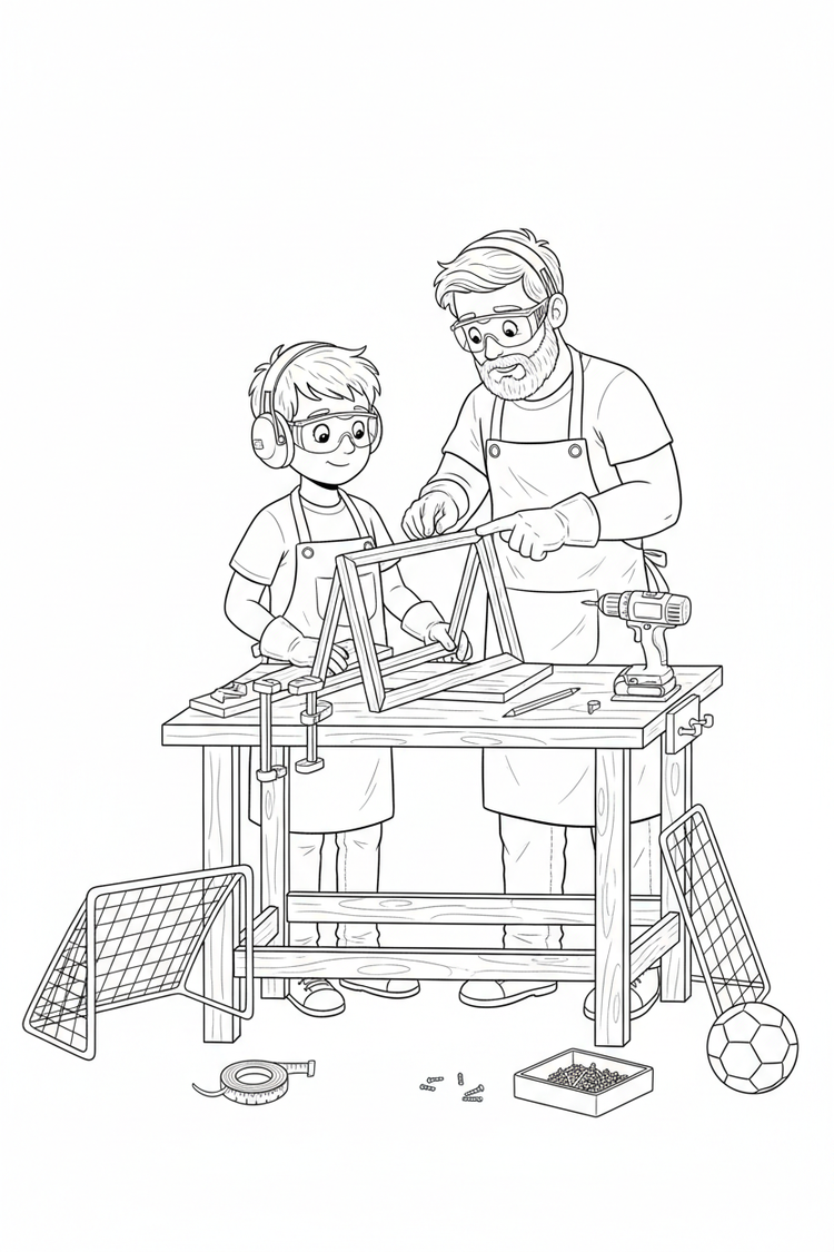 Black-and-white coloring page of a boy in safety gear with an adult supervisor assembling a small wooden backyard sports goal with a stored drill, clamps, measuring tape, net, brackets, screws, and ball.