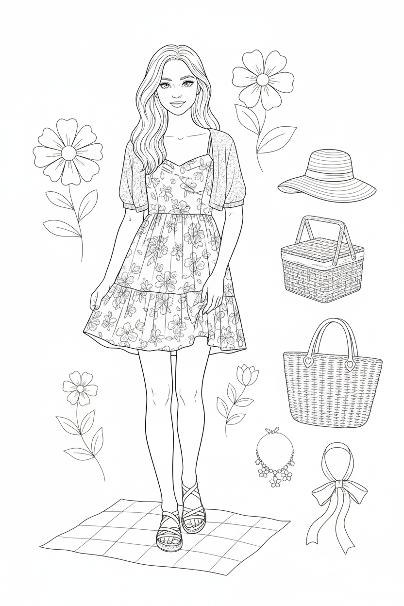 Black-and-white coloring page of a teen girl in a sundress, cardigan, and sandals with a picnic basket, sun hat, woven tote, charm necklace, and hair ribbon.