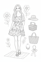 Black-and-white coloring page of a teen girl in a sundress, cardigan, and sandals with a picnic basket, sun hat, woven tote, charm necklace, and hair ribbon.