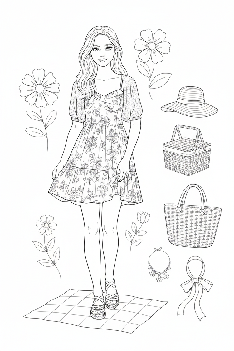 Black-and-white coloring page of a teen girl in a sundress, cardigan, and sandals with a picnic basket, sun hat, woven tote, charm necklace, and hair ribbon.