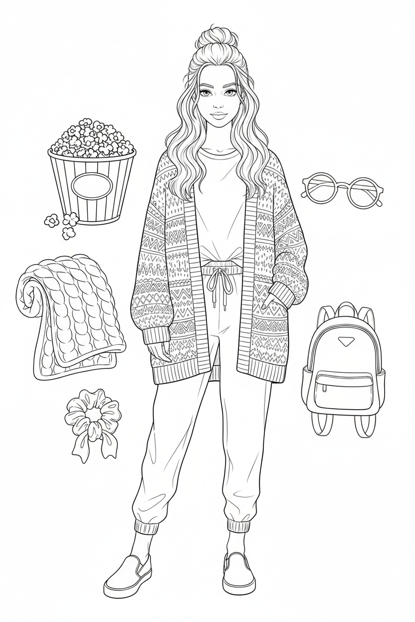 Movie-night fashion coloring page