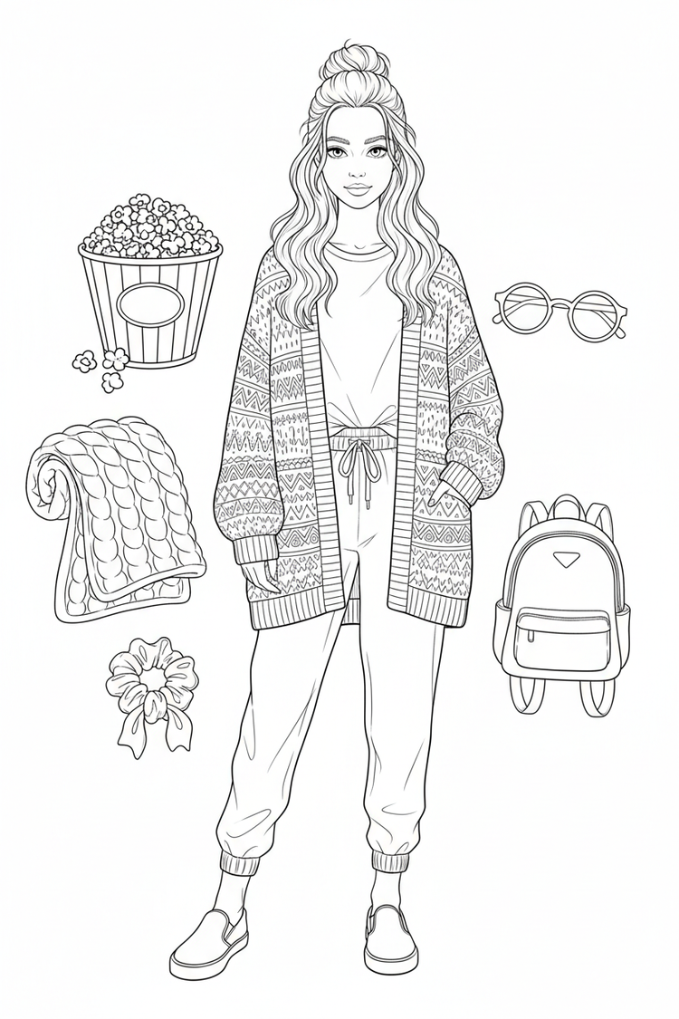 Movie-night fashion coloring page