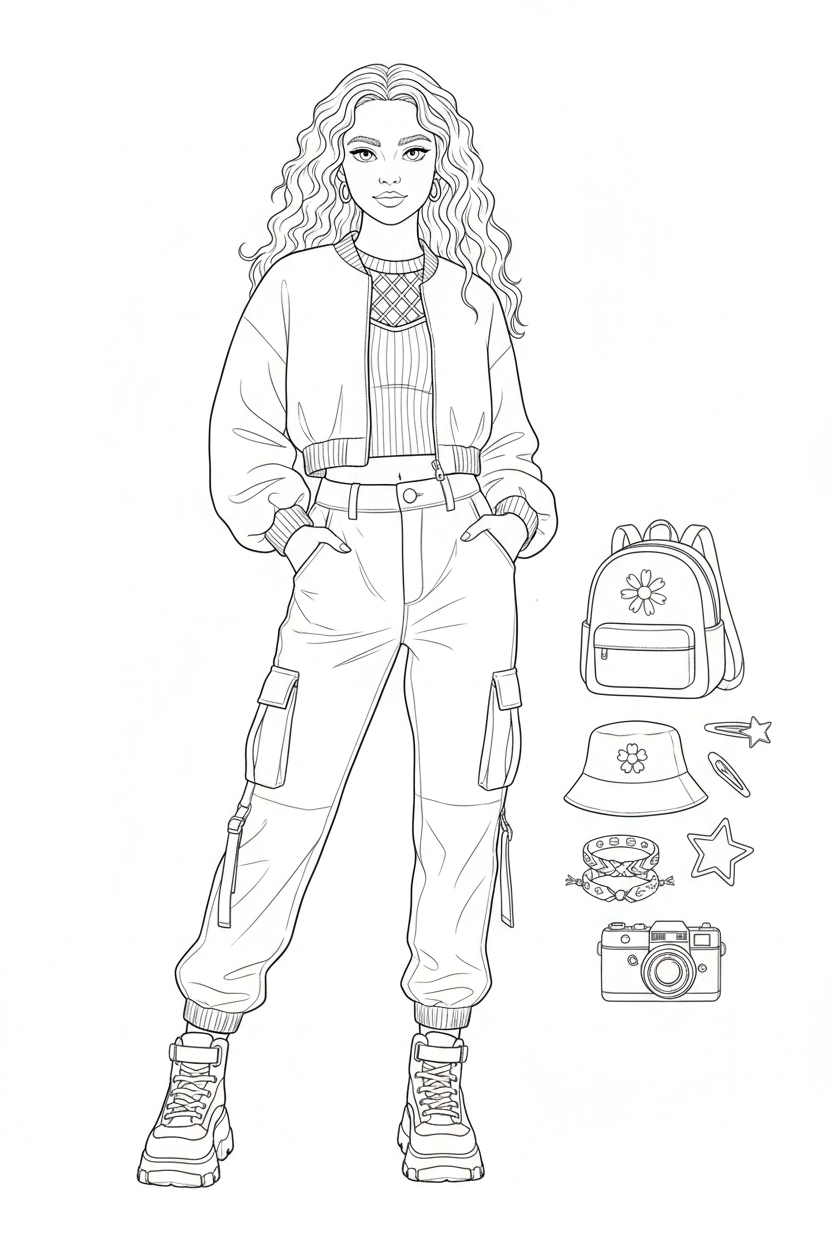 Music-festival fashion coloring page