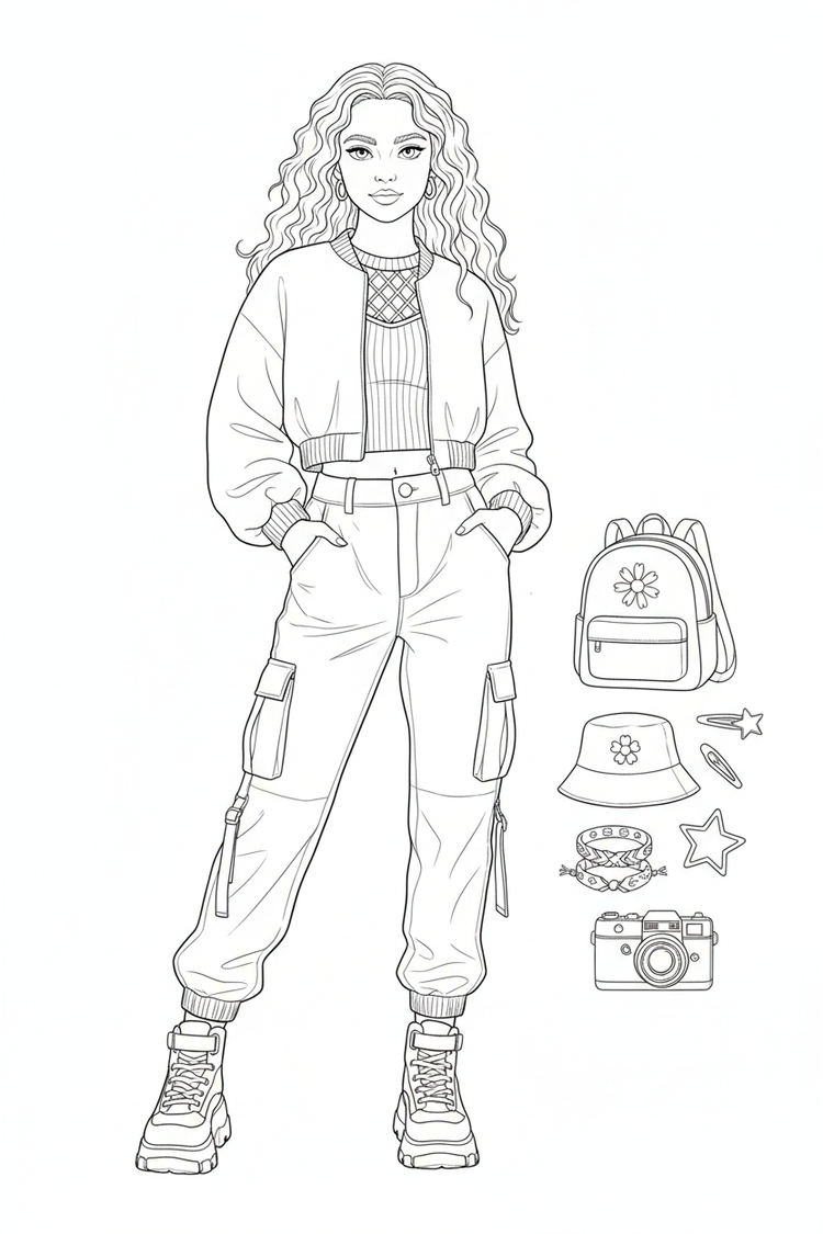 Music-festival fashion coloring page