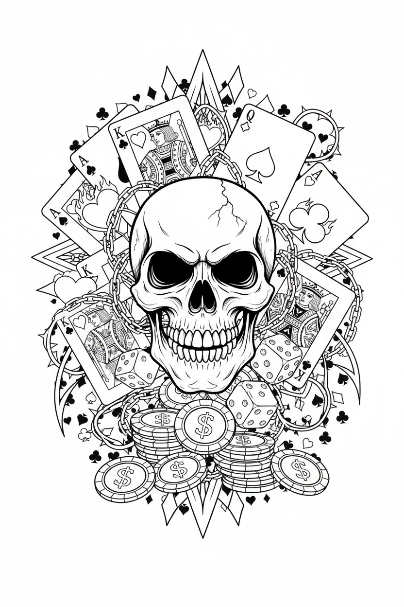 Playing Cards Skull Coloring Page