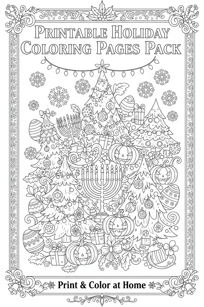 Printable Holiday Coloring Pages Pack Cover