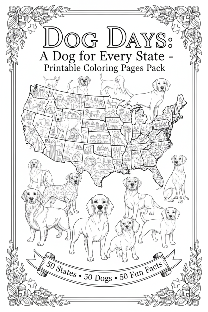 Printable Dog Days Coloring Pages Pack: A Dog for Every State