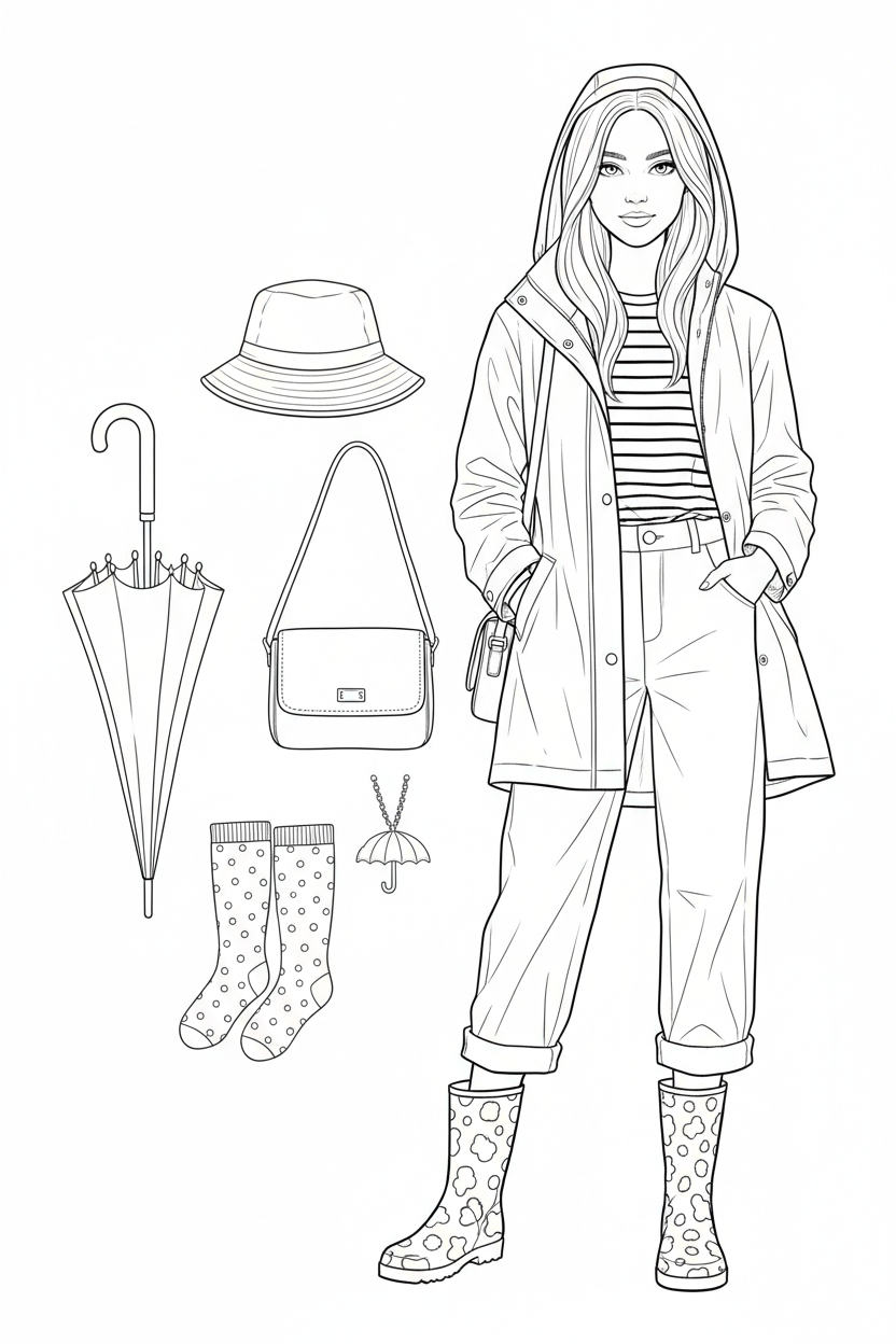 Rainy-day fashion coloring page