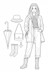 Rainy-day fashion coloring page