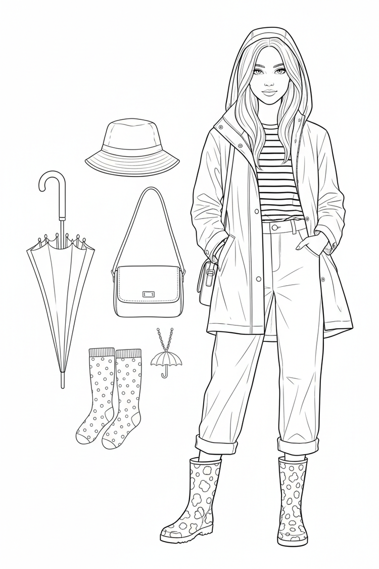 Rainy-day fashion coloring page
