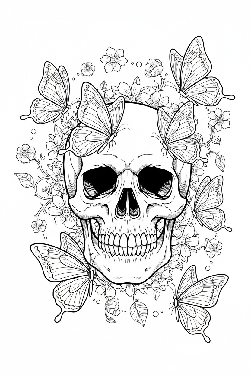Skull with Butterflies Coloring Page