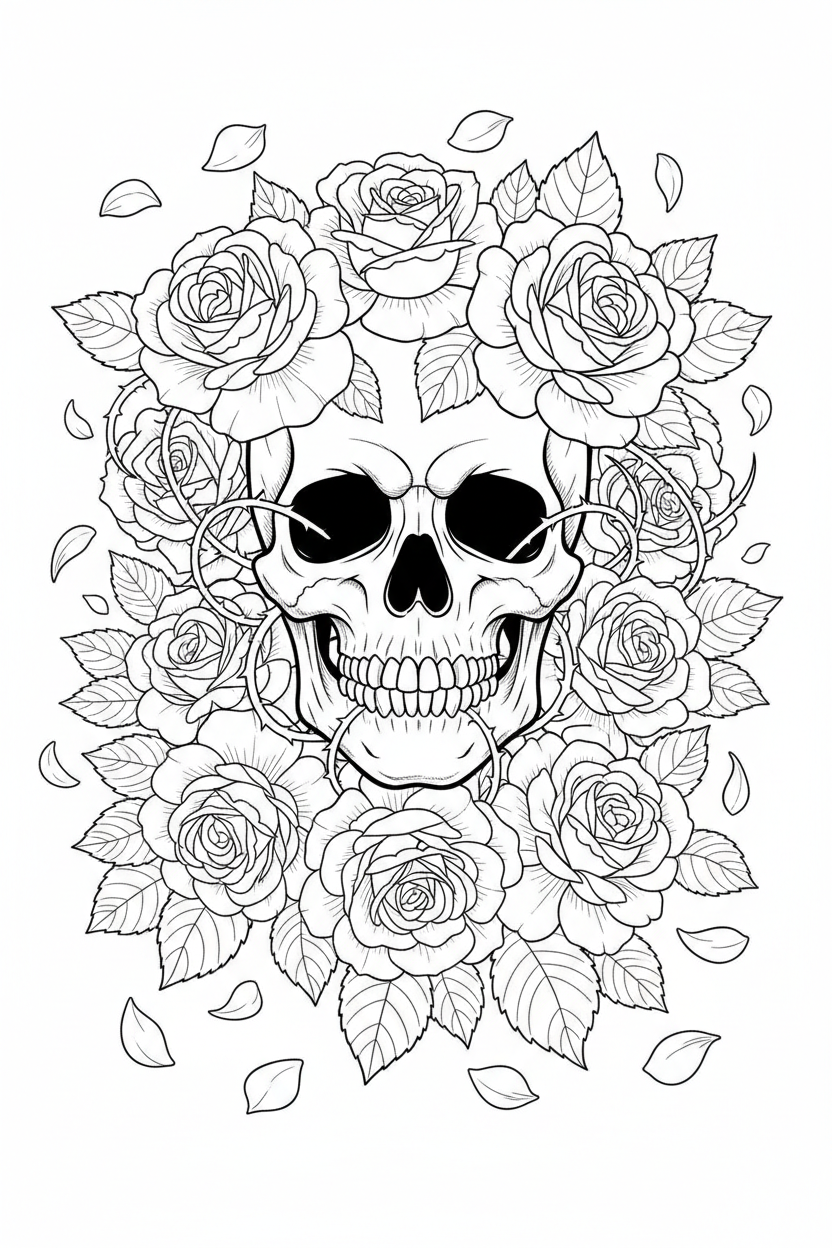 Skull with Roses Coloring Page