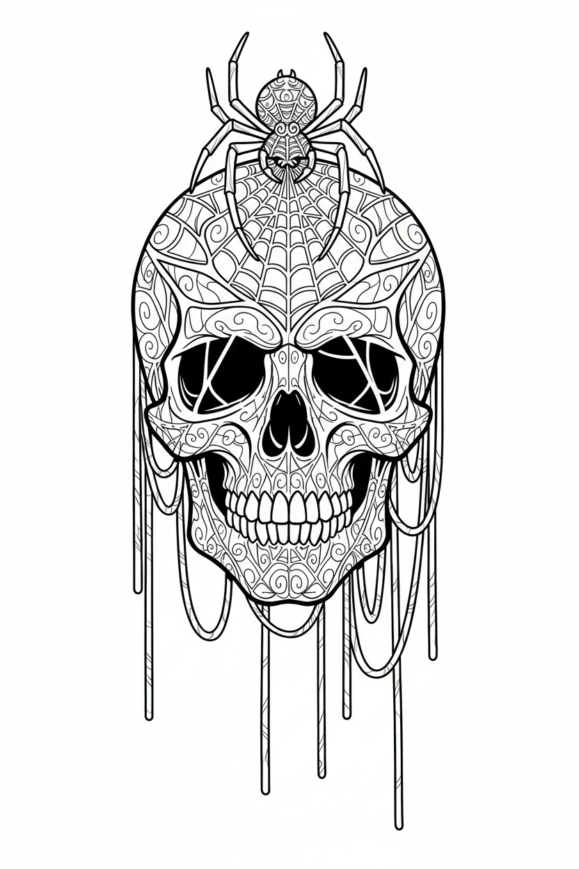 Spider Web Skull Coloring Page